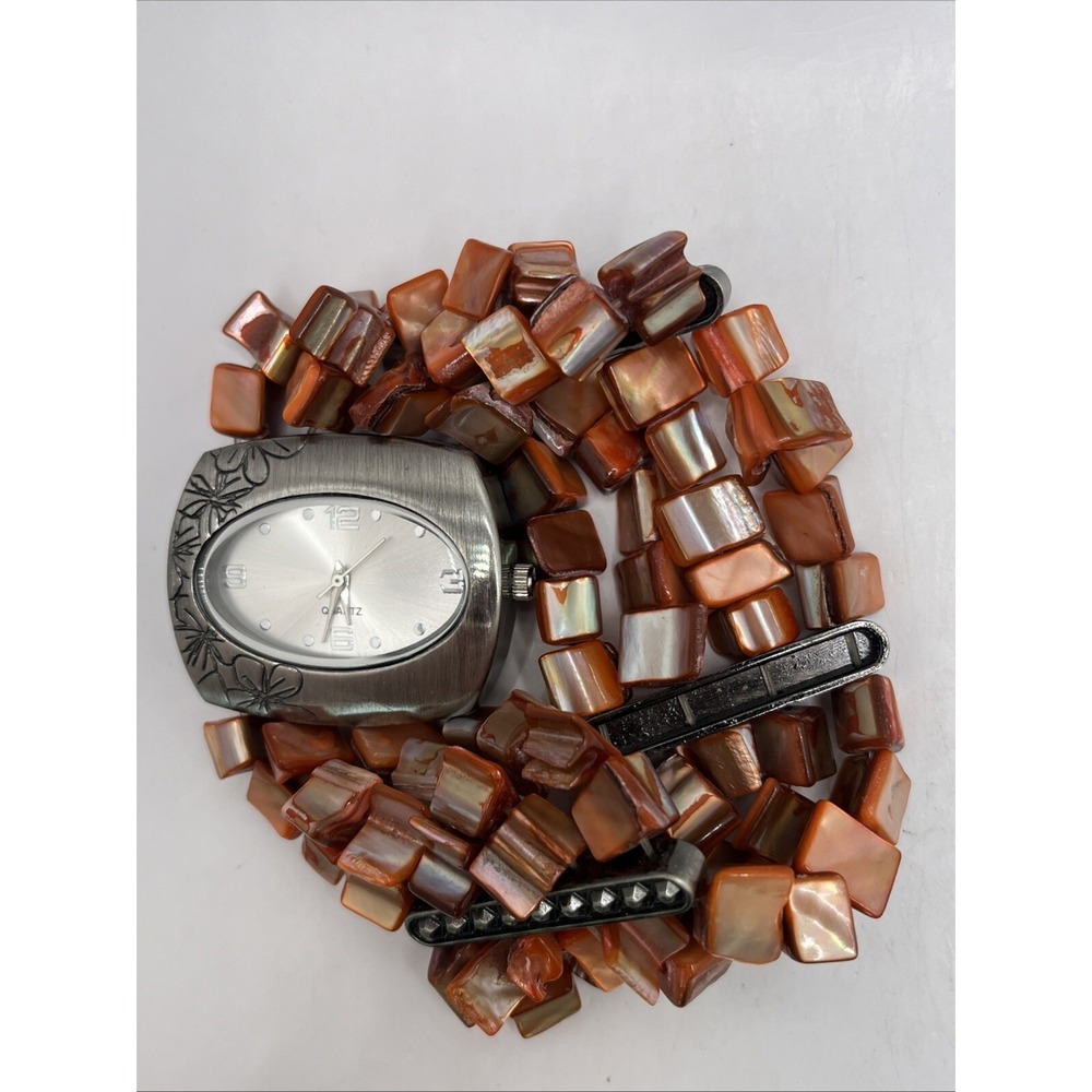 Silver Tone Orange‎ Shell Stretch Bracelet Women's Watch- New Battery